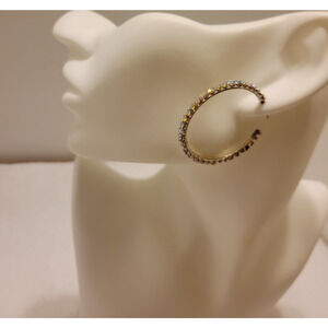 Vtg Hoop Pierced Earrings Gold Tone Iridescent Crystal Rhinestone Jewelry